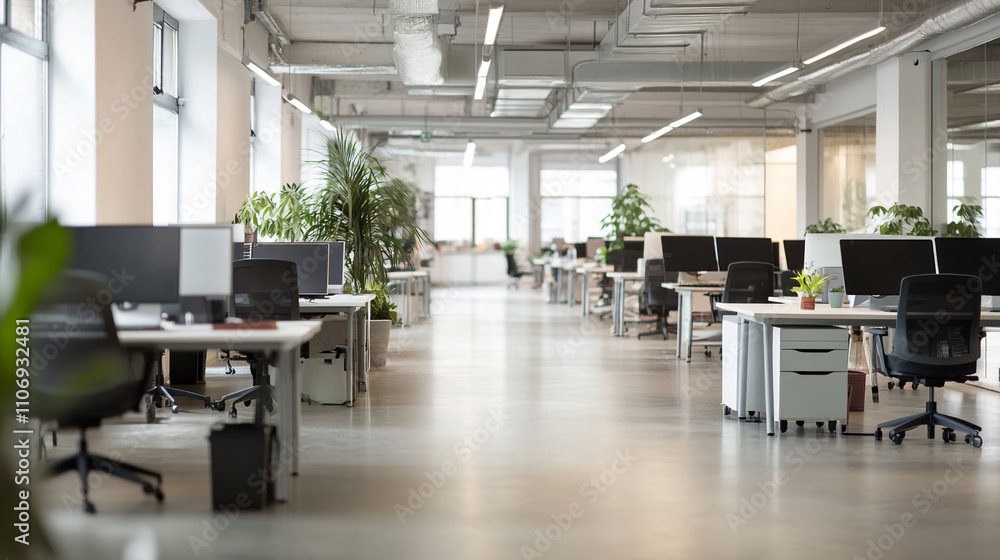 Modern office interior design with open workspaces and natural light Modern office interior design with open workspaces and natural light