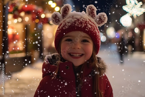 A joyful young girl in a red and white reindeer beanie, playing in the snow on a festive street surrounded by glowing Christmas shop lights, medium shot 2