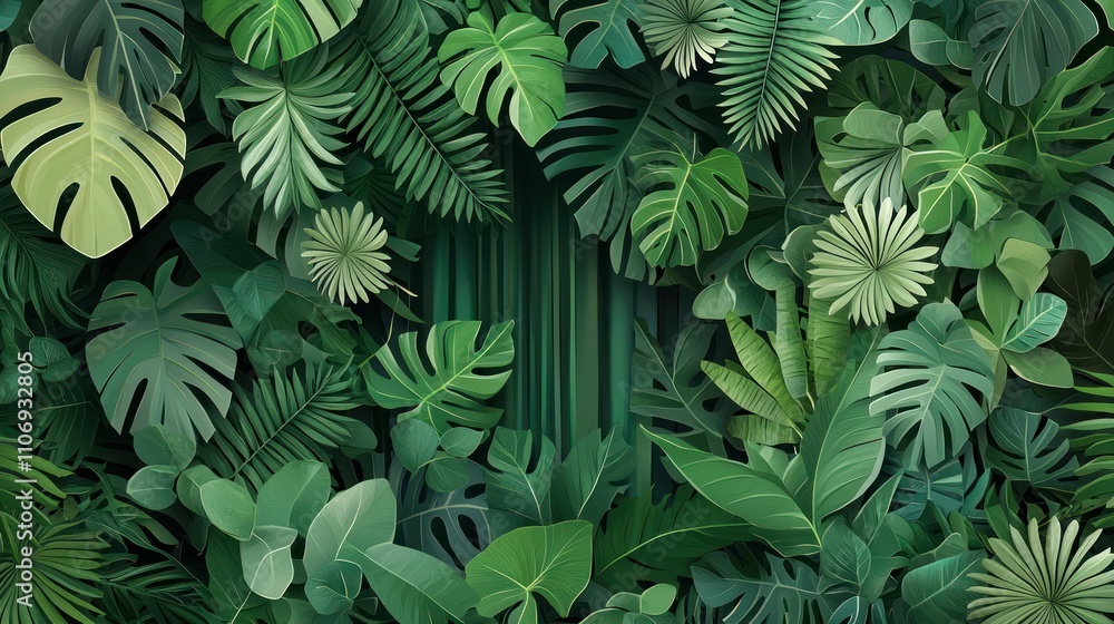 Fototapeta premium A vibrant arrangement of various green leaves, showcasing a lush, tropical foliage background.