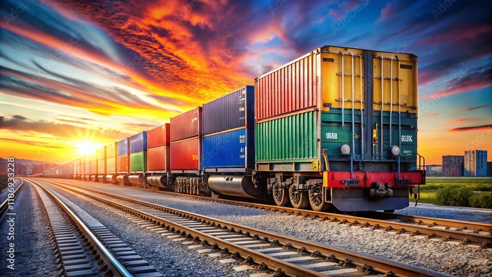 Fototapeta premium Freight Train Transporting Cargo Containers on Rails, Isolated with Copy Space on a Smooth Gradient Background for Transport and Logistics Concepts in Stock Photography