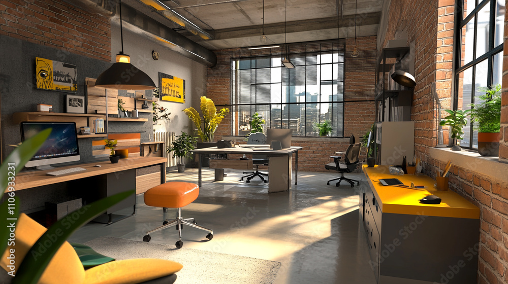 Stylish modern office with industrial design and natural sunlight in urban setting Stylish modern office with industrial design and natural sunlight in urban setting
