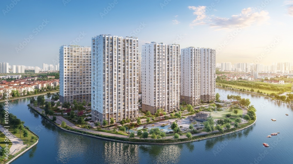 Fototapeta premium Modern High-Rise Apartment Complex Surrounded by a River and Greenery