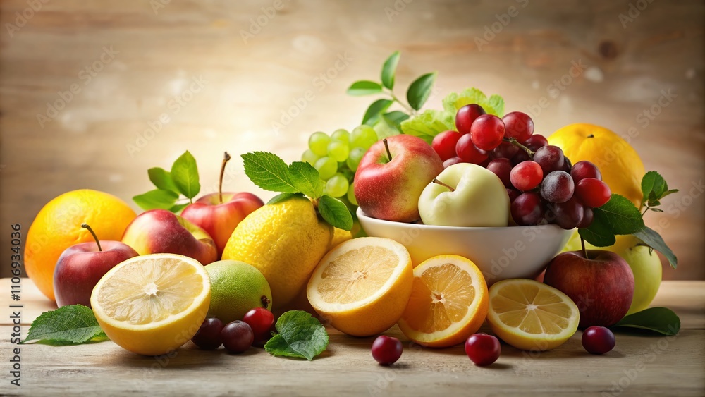 Fresh and Vibrant Fruit Mix: Long Exposure of Apples, Lemons, and Grapes on Cream Background with Copy Space for Healthy Food Advertising and Real Food Concept Fresh and Vibrant Fruit Mix: Long Exposure of Apples, Lemons, and Grapes on Cream Background with Copy Space for Healthy Food Advertising and Real Food Concept