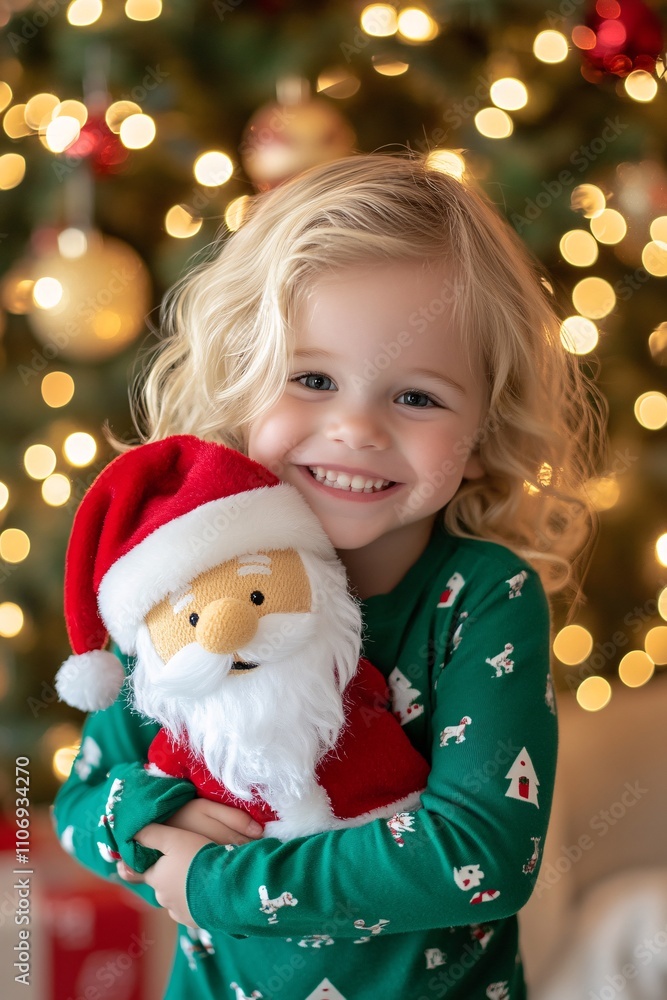A blonde child in green pajamas hugging a Santa plushie beside a sparkling Christmas tree, cheerful smile, golden lights, medium close-up 1 A blonde child in green pajamas hugging a Santa plushie beside a sparkling Christmas tree, cheerful smile, golden lights, medium close-up 1