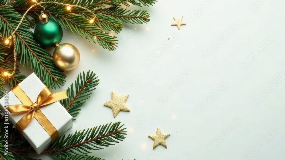 White Christmas background with fir branches and green and gold decorations with copy space on the right. Mockup design of New Year card. Top view of garland lights, gift box and balls. Text place White Christmas background with fir branches and green and gold decorations with copy space on the right. Mockup design of New Year card. Top view of garland lights, gift box and balls. Text place