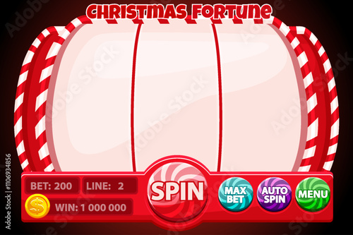 Casino slot machine, game UI design, gambling mobile app concept for the Christmas or candy themed Casino Game. The vector slot game user interface with basic buttons