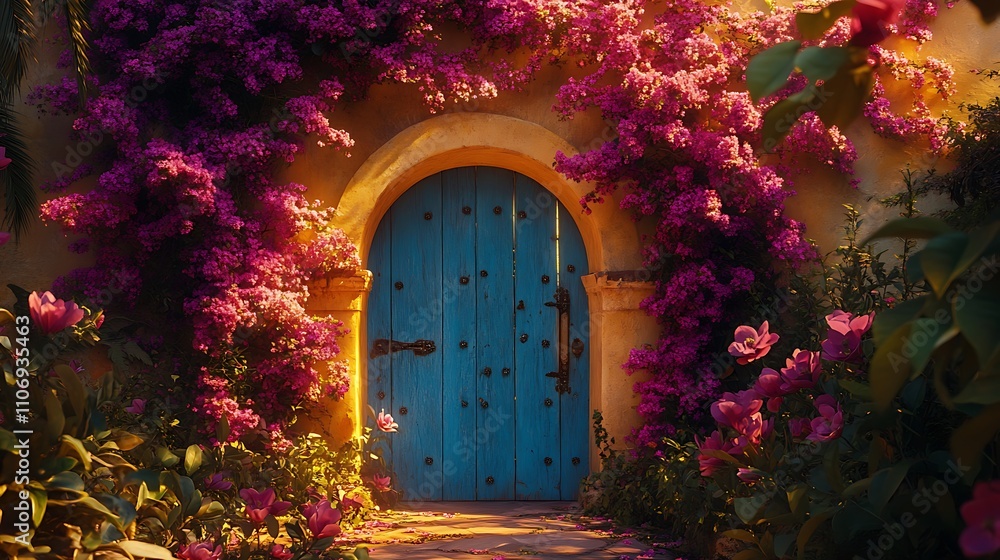 A bright turquoise gate surrounded by an archway of blooming pink and purple bougainvillea, the vibrant colors contrasting with lush greenery, warm golden-hour light enhancing the scene, hd quality, A bright turquoise gate surrounded by an archway of blooming pink and purple bougainvillea, the vibrant colors contrasting with lush greenery, warm golden-hour light enhancing the scene, hd quality,