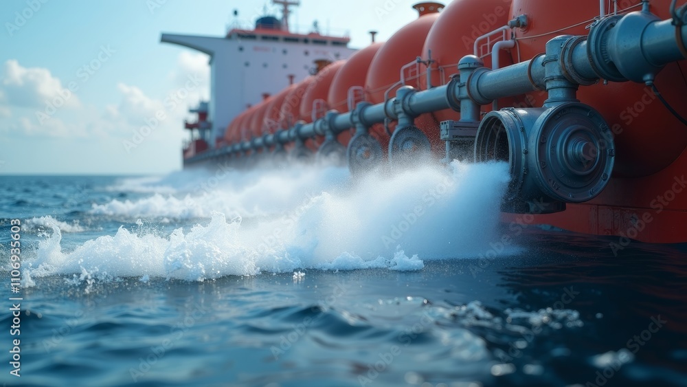 Fototapeta premium Close-up of liquefied natural gas transfer from tanker with icy vapors and ocean backdrop