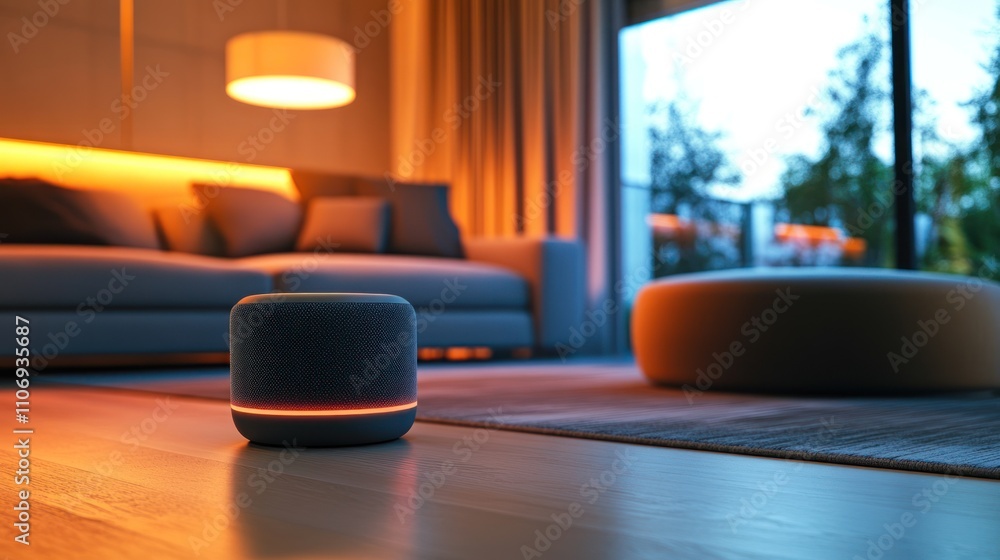 Smart speaker in modern living room at night. Smart speaker in modern living room at night.