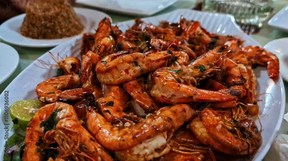 Shrimp Dish Serve In A Restaurant In Greece. Zoom In Shot Shrimp Dish Serve In A Restaurant In Greece. Zoom In Shot