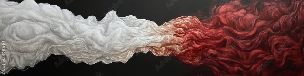 Obraz premium Abstract artwork featuring swirling white and red textures on a dark background, creating a dynamic flow.