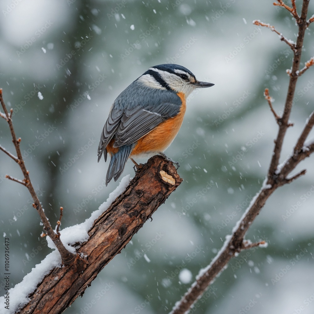 A red-breasted nuthatch perched on a pine tree branch, surrounded by snow with a white sky backdrop. A red-breasted nuthatch perched on a pine tree branch, surrounded by snow with a white sky backdrop.