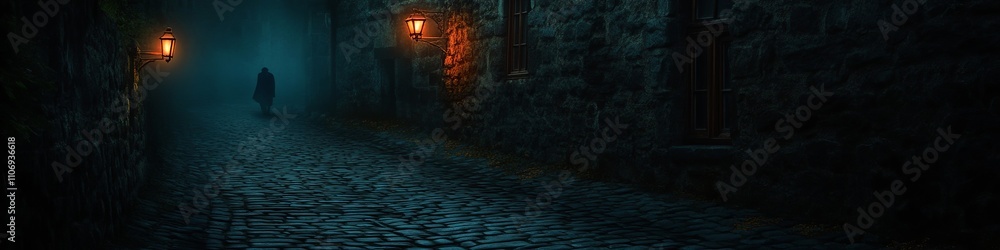 A mysterious figure walks down a cobblestone street, illuminated by glowing lanterns in a foggy, atmospheric setting. A mysterious figure walks down a cobblestone street, illuminated by glowing lanterns in a foggy, atmospheric setting.