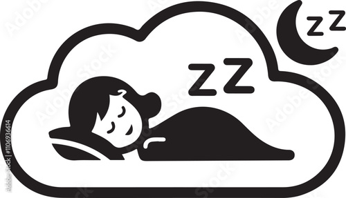 A minimalist flat icon in black and white represents sleeping on clouds, a person sleeping on the desk