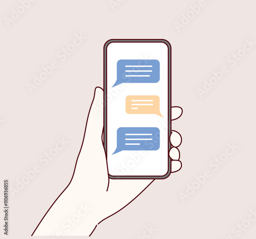 Chatting in smartphone. Send or receive sms on app. Speech bubble message on phone. Hand drawn style vector design illustrations.