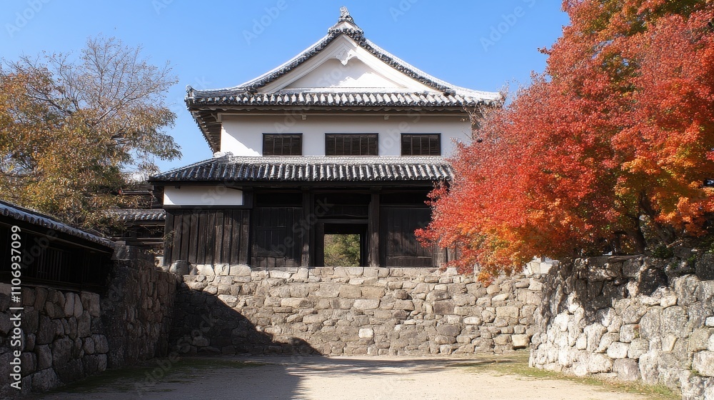 Traditional Japanese Castle Gate with Stone Walls and Red Autumn Leaves Traditional Japanese Castle Gate with Stone Walls and Red Autumn Leaves