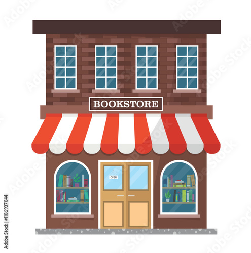 Icon of city bookstore building with canopy. Book day banner concept.