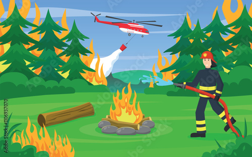 Firefighter and helicopter extinguish a forest fire. Rescue operation. Emergency situation.
