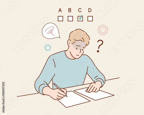 A student selecting answers on a test.  Studentcan't do the exam. stressful, worried. Hand drawn style vector design illustrations.