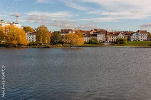 View of the Troitskoye suburb and the Svisloch River in Minsk, Belarus. photo