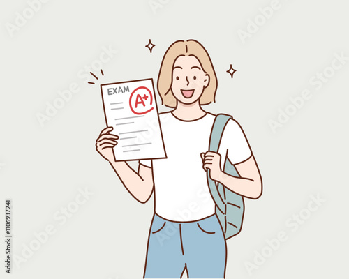 A student proudly holding a test paper with an A+ grade. student who did well on a test. Hand drawn style vector design illustrations.