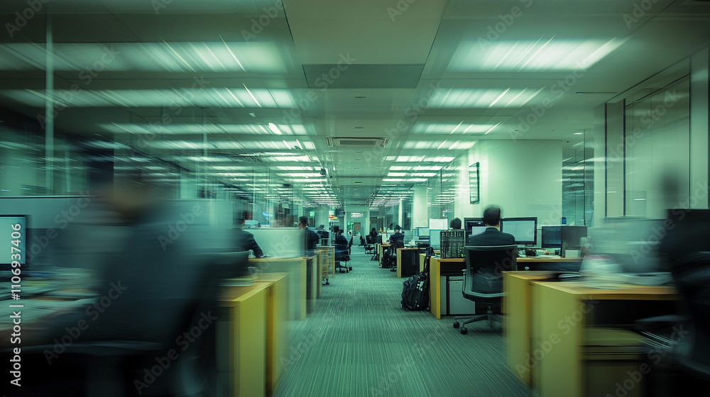 Fototapeta premium Busy office environment with employees working at desks during the day