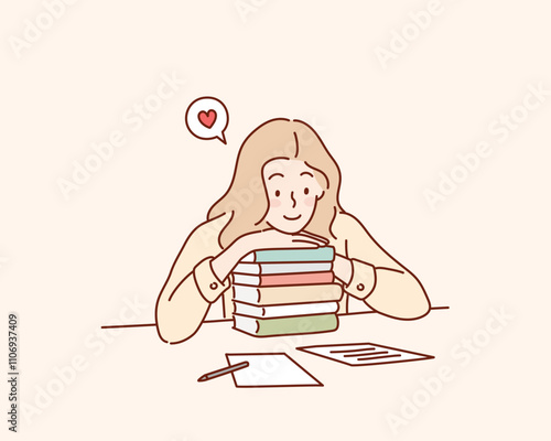 She is happy being with her books. Hand drawn style vector design illustrations.
