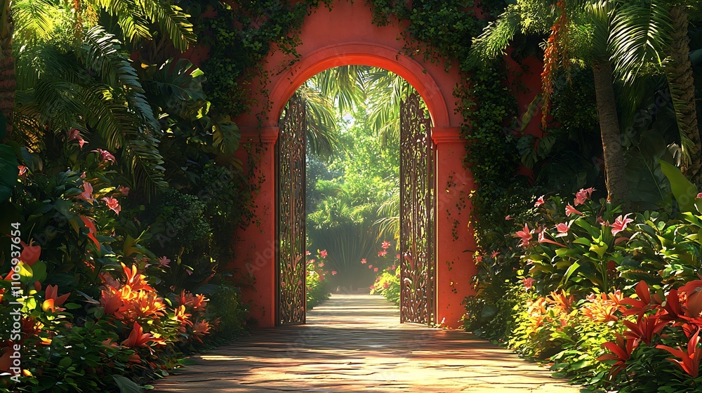 Fototapeta premium A coral-hued garden gate with hibiscus-inspired patterns, bordered by dense tropical foliage and bright flowers like hibiscus and bird of paradise,