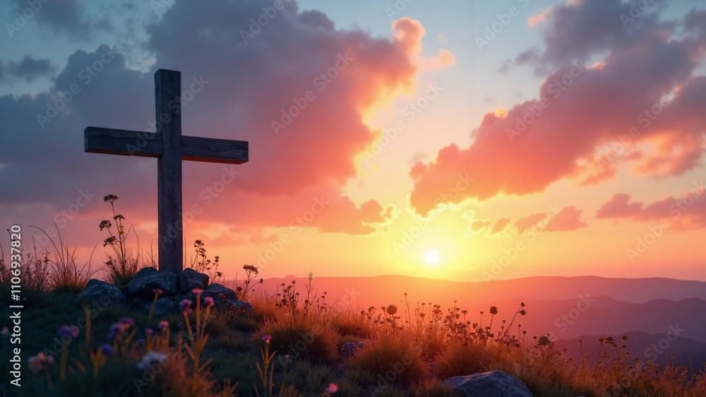 Serene Sunset Landscape with Wooden Cross: Faith Symbol on Hilltop for Religious Imagery, Spiritual Reflection Serene Sunset Landscape with Wooden Cross: Faith Symbol on Hilltop for Religious Imagery, Spiritual Reflection