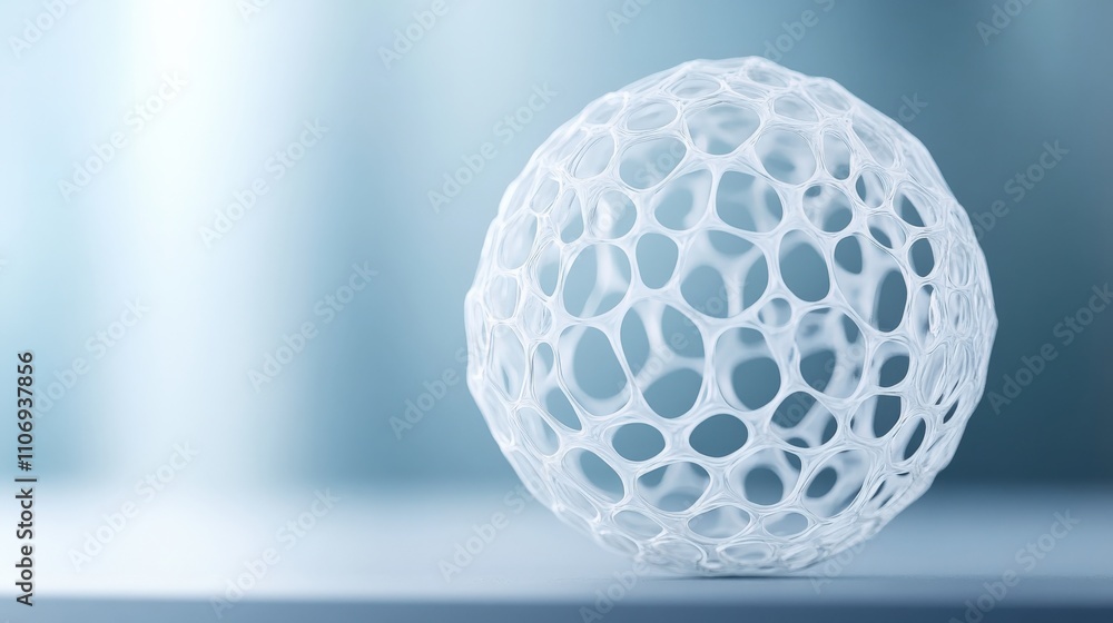 Abstract representation of a spherical cell-like structure with a delicate mesh design, set against a softly blurred background emphasizing its intricate details and elegance. Abstract representation of a spherical cell-like structure with a delicate mesh design, set against a softly blurred background emphasizing its intricate details and elegance.