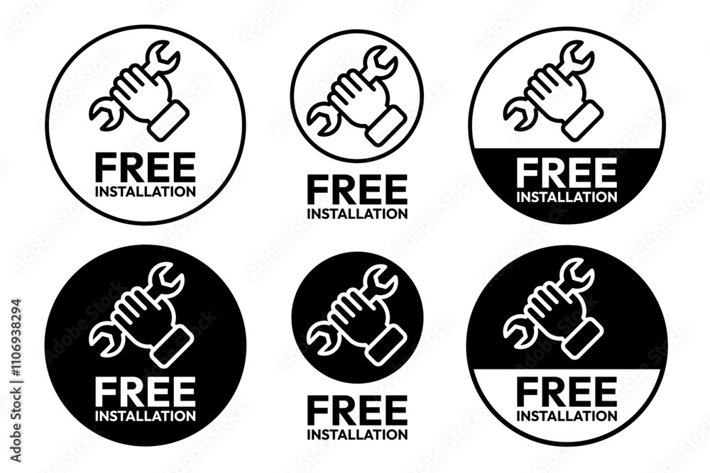 Free installation with hand and spanner icon set. Install, upgrade, fix, repair service icons. Free installation logo, label, badge, symbol, emblem, stamp, black, line, vector isolated illustration. Free installation with hand and spanner icon set. Install, upgrade, fix, repair service icons. Free installation logo, label, badge, symbol, emblem, stamp, black, line, vector isolated illustration.