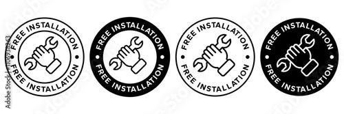 Free installation with hand and spanner icon set. Install, upgrade, fix, repair service icons. Free installation logo, label, badge, symbol, emblem, stamp, black, line, vector isolated illustration.
