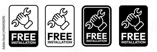 Free installation with hand and spanner icon set. Install, upgrade, fix, repair service icons. Free installation logo, label, badge, symbol, emblem, stamp, black, line, vector isolated illustration.