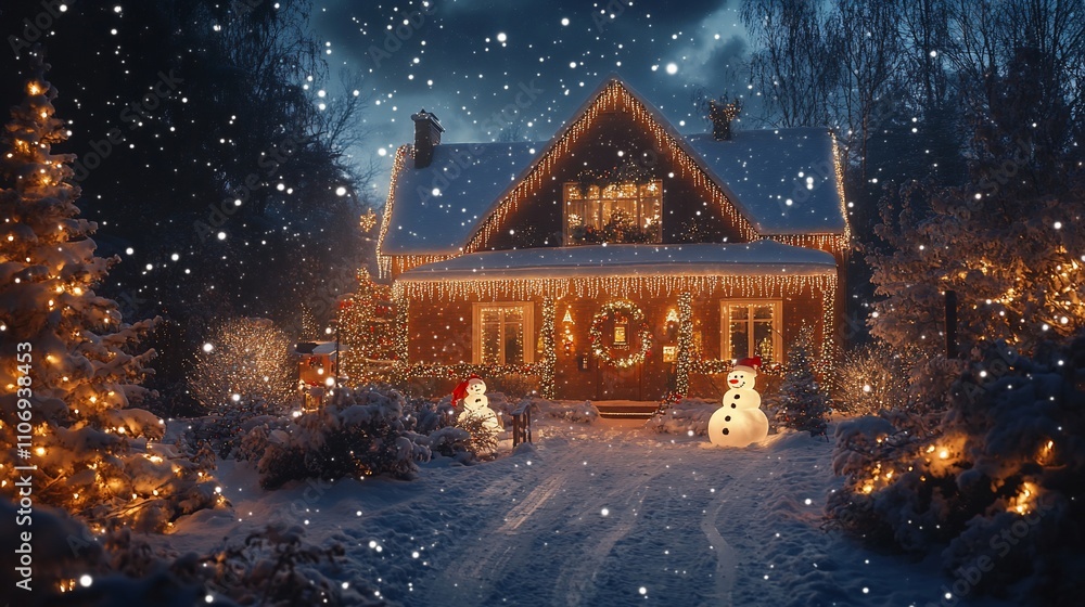 A cozy winter scene with a decorated house and snowmen in a snowy landscape. A cozy winter scene with a decorated house and snowmen in a snowy landscape.