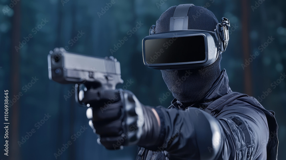 Virtual reality officer aiming with gun in forest setting Virtual reality officer aiming with gun in forest setting