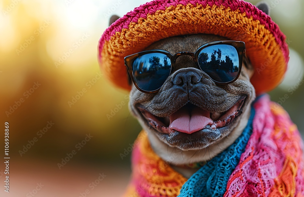 A playful dog wearing sunglasses and a colorful hat, radiating joy and a fun personality in a sunny outdoor setting. A playful dog wearing sunglasses and a colorful hat, radiating joy and a fun personality in a sunny outdoor setting.