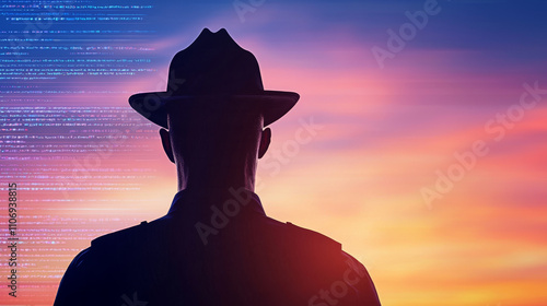 silhouette of policeman against colorful sunset with digital elements