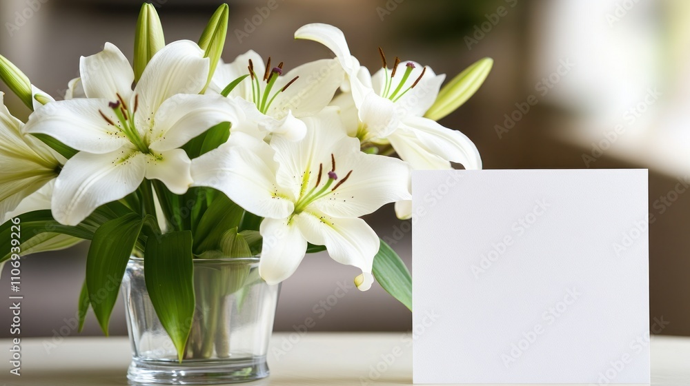A bouquet of white lilies in a glass vase beside a blank card on a table. A bouquet of white lilies in a glass vase beside a blank card on a table.