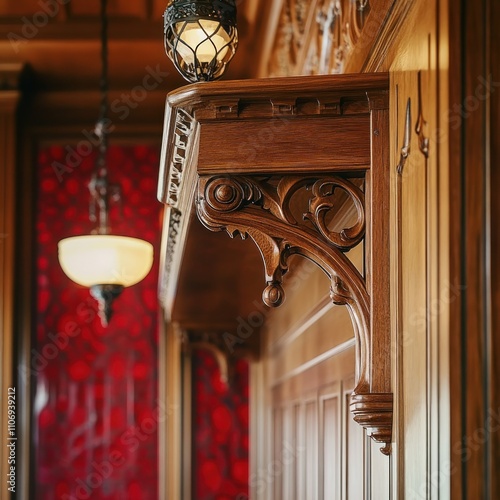 Ornate wooden corbel shelf detail with carved accents and lighting.