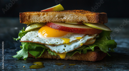 Gourmet Sandwich with Fresh Lettuce, Crisp Apple Slices, and a Perfectly Fried Egg on Whole Grain Bread