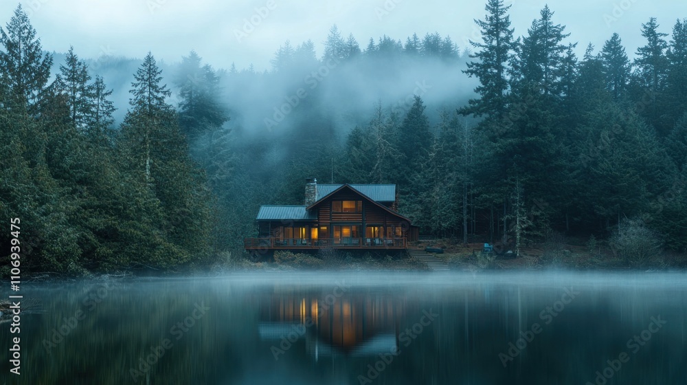 Fototapeta premium Serene Lakeside Cabin in Misty Forest