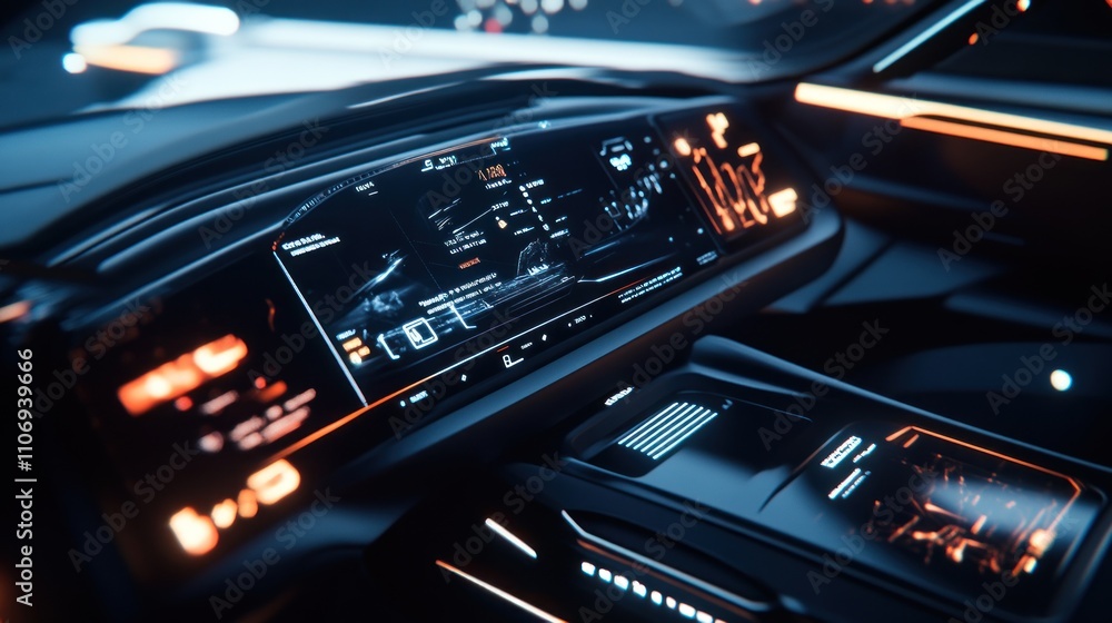 Fototapeta premium Futuristic car interior with digital dashboard and orange accents.