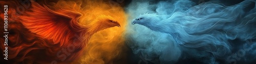 Two majestic phoenixes, one fiery orange and the other icy blue, face off in a dramatic standoff.