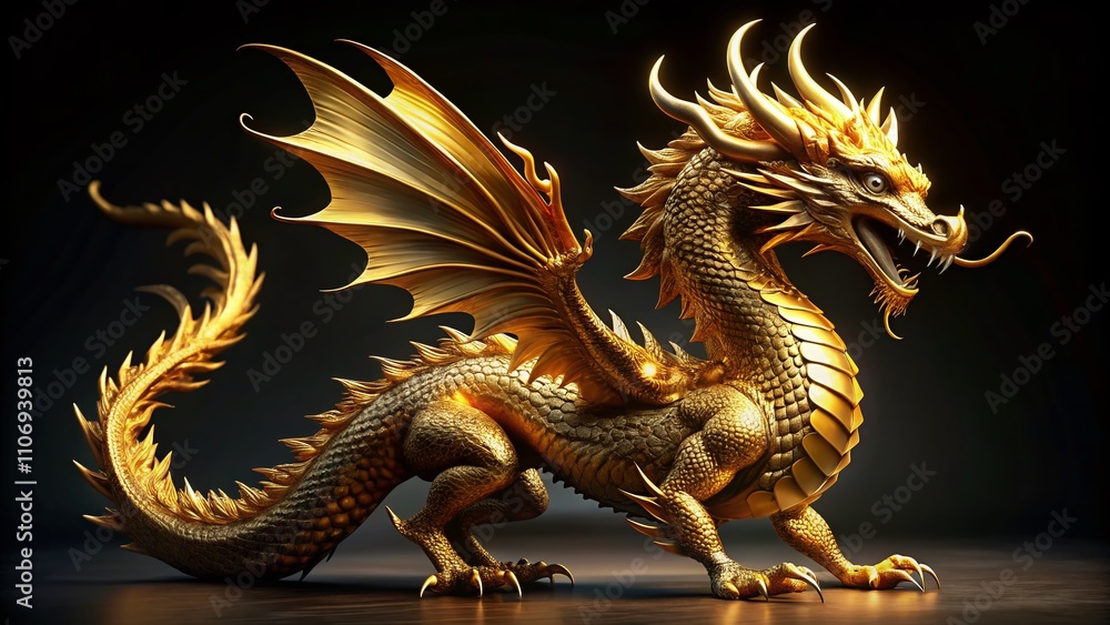 Fototapeta premium Full Body Gold Dragon in Dynamic Bend Pose Isolated on Black Background, Capturing the Majestic Elegance and Intricate Details of the Mythical Creature in a Candid Photography Style