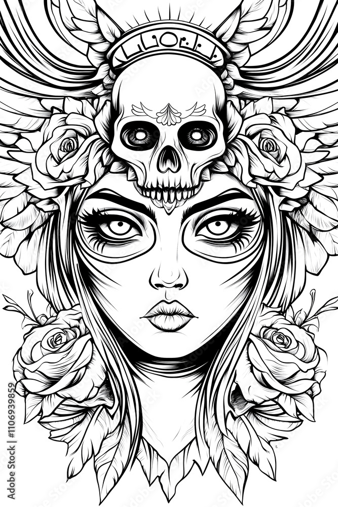 A woman with a skull and roses on her head. The skull is on the right side of her face and the roses are on the left side A woman with a skull and roses on her head. The skull is on the right side of her face and the roses are on the left side