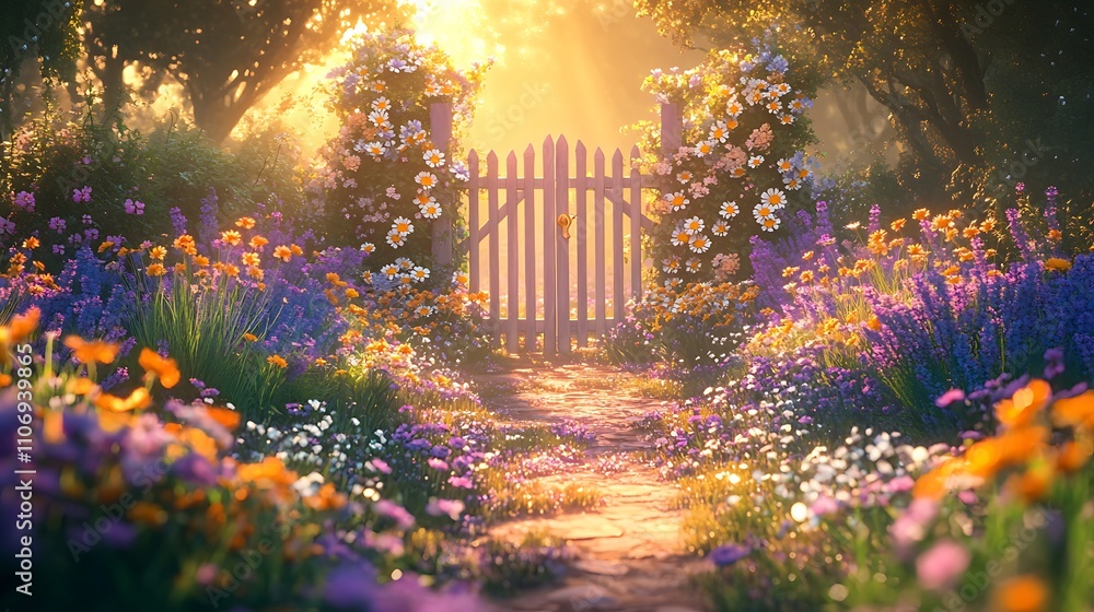 A pastel lavender gate with daisy patterns, surrounded by a colorful garden of blooming wildflowers, golden sunlight casting a soft glow over the scene, evoking a sense of whimsy and joy, hd quality, A pastel lavender gate with daisy patterns, surrounded by a colorful garden of blooming wildflowers, golden sunlight casting a soft glow over the scene, evoking a sense of whimsy and joy, hd quality,