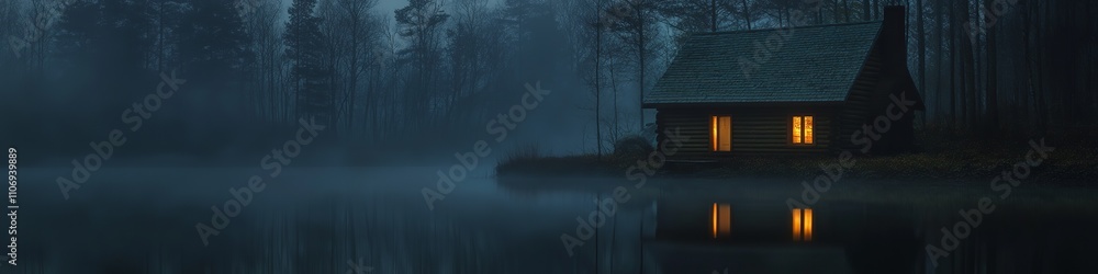 Fototapeta premium A cozy wooden cabin by a misty lake at twilight, with warm lights glowing from the windows.