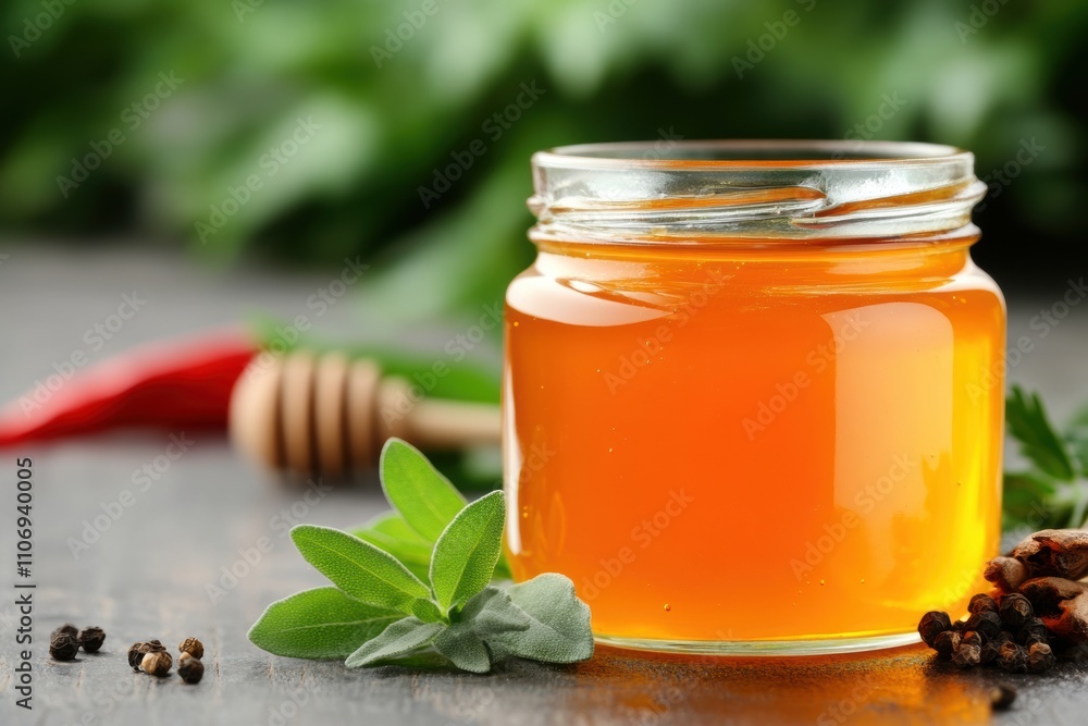 food styling, a glass jar of hot honey sauce on a wooden table, garnished with herbs and spices, creating a rustic display food styling, a glass jar of hot honey sauce on a wooden table, garnished with herbs and spices, creating a rustic display