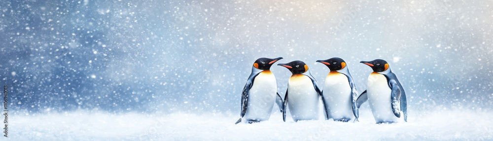 Obraz premium Huddled together, four penguins stand in snowy landscape, showcasing unity