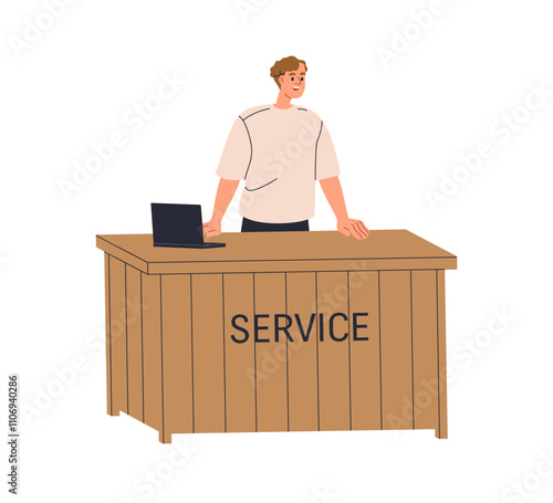 Smiling administrator standing behind service desk, counter. Happy friendly manager, man assistant worker greeting, welcoming at office. Flat vector illustration isolated on white background